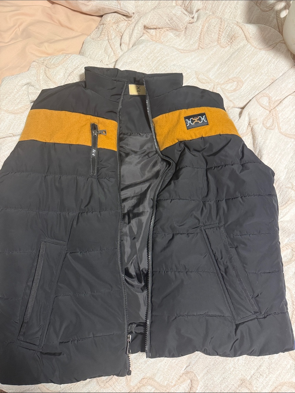 Hooey Black Puffer Vest with Mustard Chest Stripe